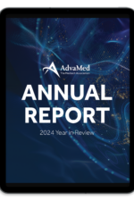 Tablet displaying cover of AdvaMed's "Annual Report: 2024 Year in Review" with a blue abstract background.