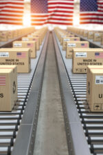 Made in USA United States. Cardboard boxes with text made in USA and american flag on the roller conveyor. 3d illustration